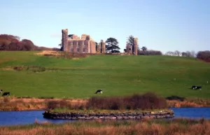 Castlefreke castle seen across the river and fields with cows