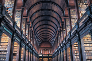 Looking down the long room in Trinity College University library, Dublin.