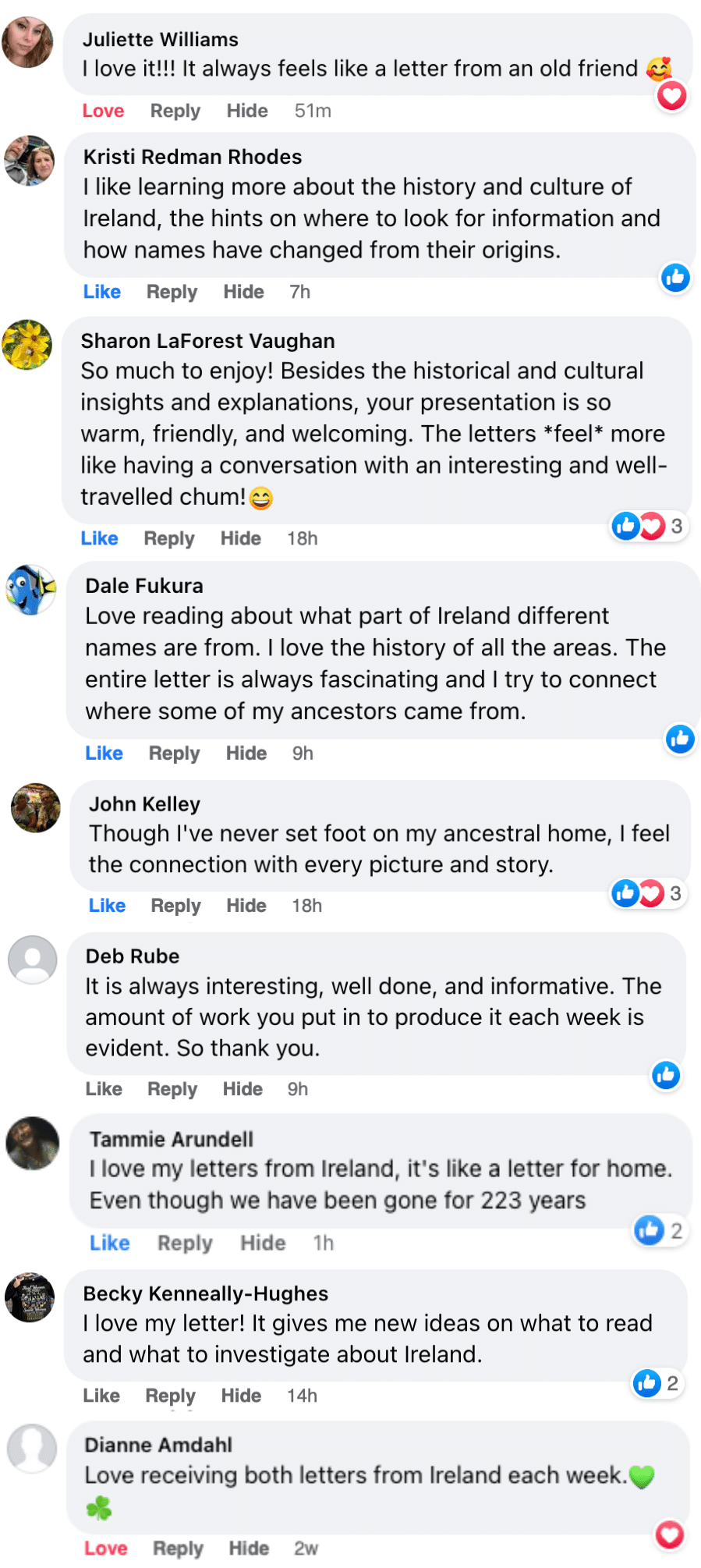 A Letter From Ireland testimonials from Facebook